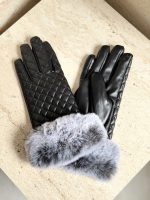 Gri Kürk Detaylı Kapitone Deri Görünümlü Kadın Eldiven